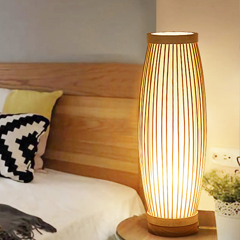 Taavita Oblong Night Table Lamp Asian Style Single Bulb Bamboo Desk Light with Fabric Shade Inner Cylinder for Bedroom