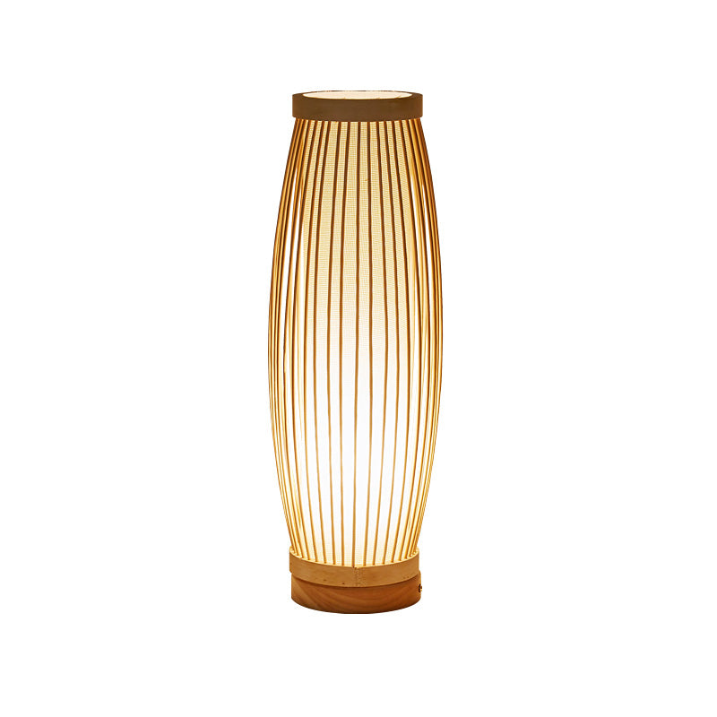 Taavita Oblong Night Table Lamp Asian Style Single Bulb Bamboo Desk Light with Fabric Shade Inner Cylinder for Bedroom