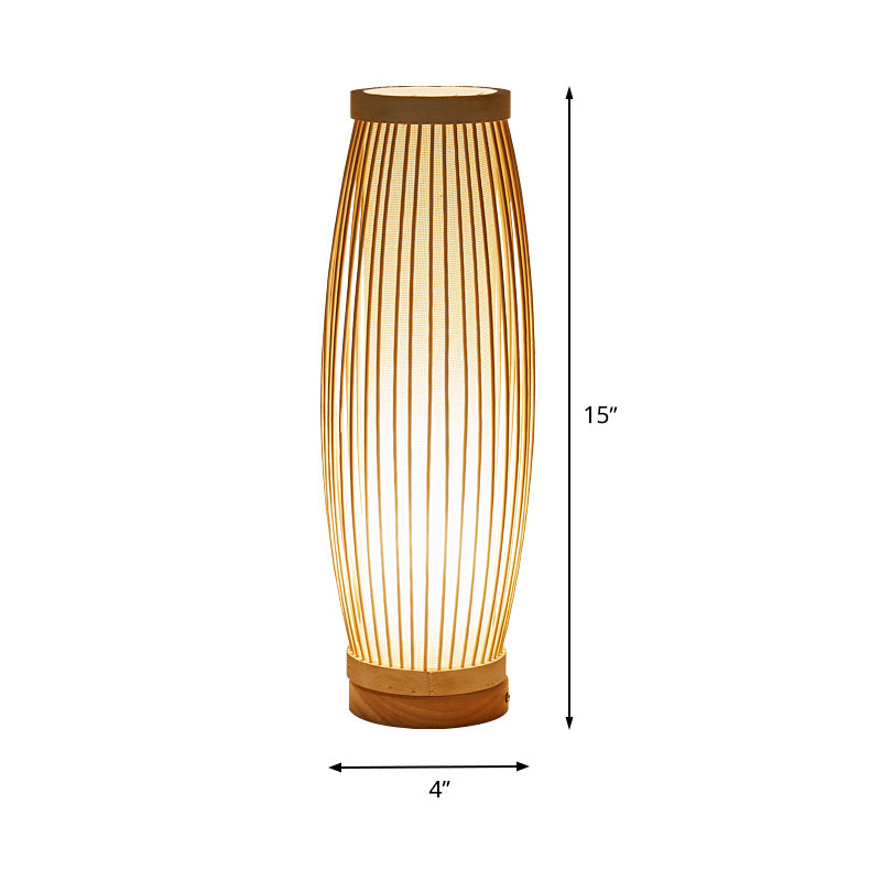 Taavita Oblong Night Table Lamp Asian Style Single Bulb Bamboo Desk Light with Fabric Shade Inner Cylinder for Bedroom