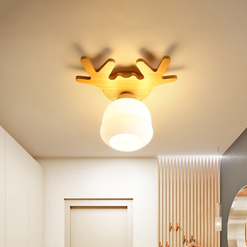 Opal Glass Head/Cubic/Globe Flushmount Simplicity LED Ceiling Fixture with Wood Antler/Square/Round Design in Beige Clearhalo 'Ceiling Lights' 'Close To Ceiling Lights' 'Close to ceiling' 'Flush mount' Lighting' 1804733