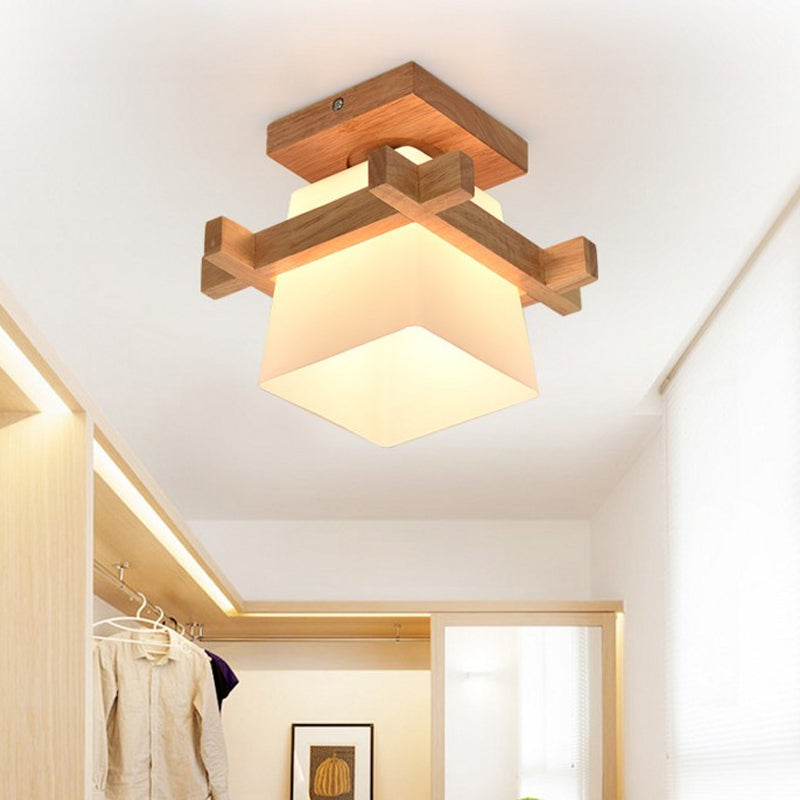 Opal Glass Head/Cubic/Globe Flushmount Simplicity LED Ceiling Fixture with Wood Antler/Square/Round Design in Beige Clearhalo 'Ceiling Lights' 'Close To Ceiling Lights' 'Close to ceiling' 'Flush mount' Lighting' 1804735