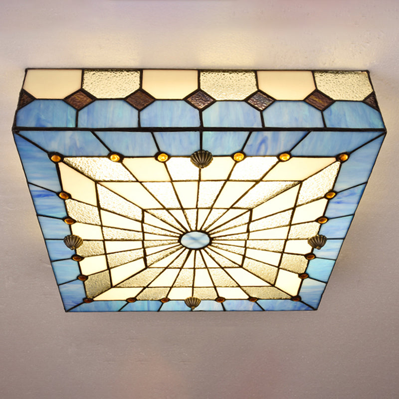 12"/16" W Blue Square Flushmount Light Tiffany Style Stained Glass 1 Light Ceiling Light Fixture for Dining Room Clearhalo 'Ceiling Lights' 'Close To Ceiling Lights' 'Close to ceiling' 'Flush mount' Lighting' 180798