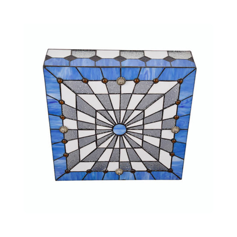 12"/16" W Blue Square Flushmount Light Fixture - Taavita Style Stained Glass 1 Light Ceiling Light for Dining Room