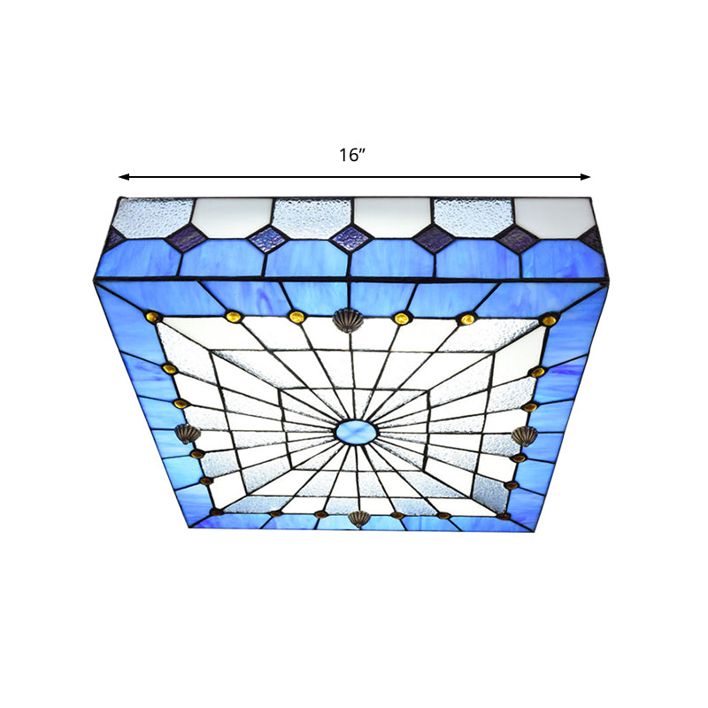 12"/16" W Blue Square Flushmount Light Fixture - Taavita Style Stained Glass 1 Light Ceiling Light for Dining Room