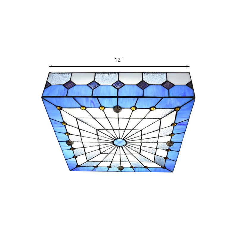 12"/16" W Blue Square Flushmount Light Fixture - Taavita Style Stained Glass 1 Light Ceiling Light for Dining Room
