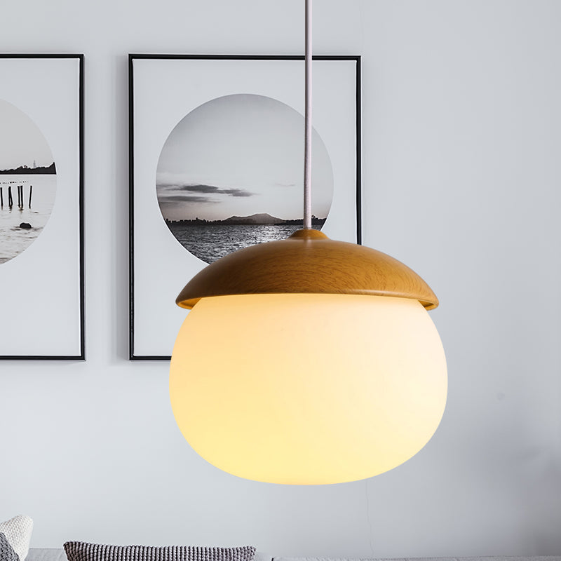 1 Light Nut Shaped Hanging Light Japanese Style Glass & Wood Pendant Light in White for Shop Clearhalo 'Ceiling Lights' 'Modern Pendants' 'Modern' 'Pendant Lights' 'Pendants' Lighting' 1871665
