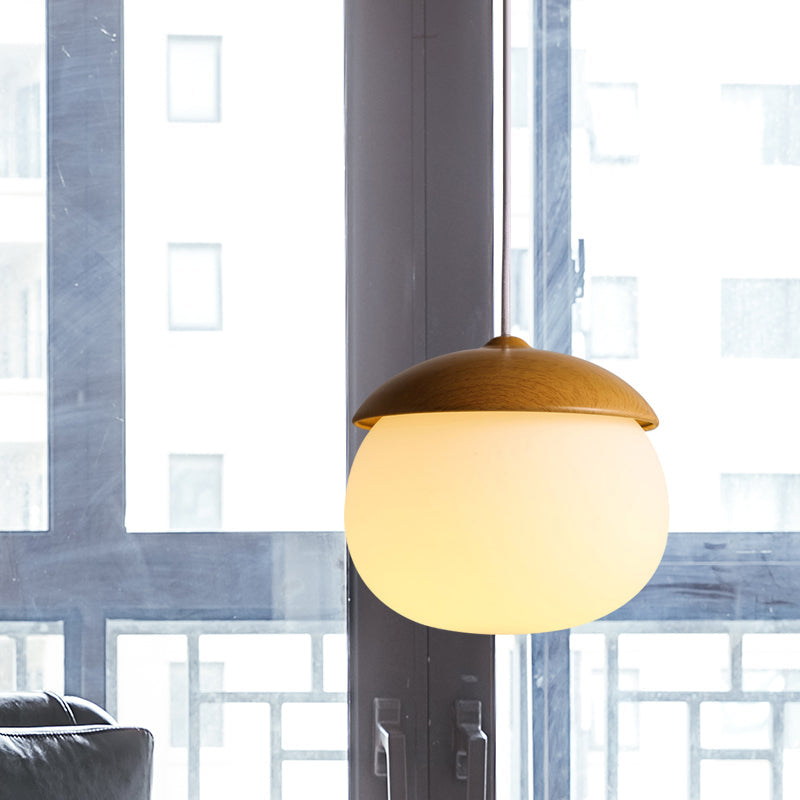 1 White Light-Colored Nut-Shaped Hanging Japanese Glass and Wood Heating Hanger for the Store