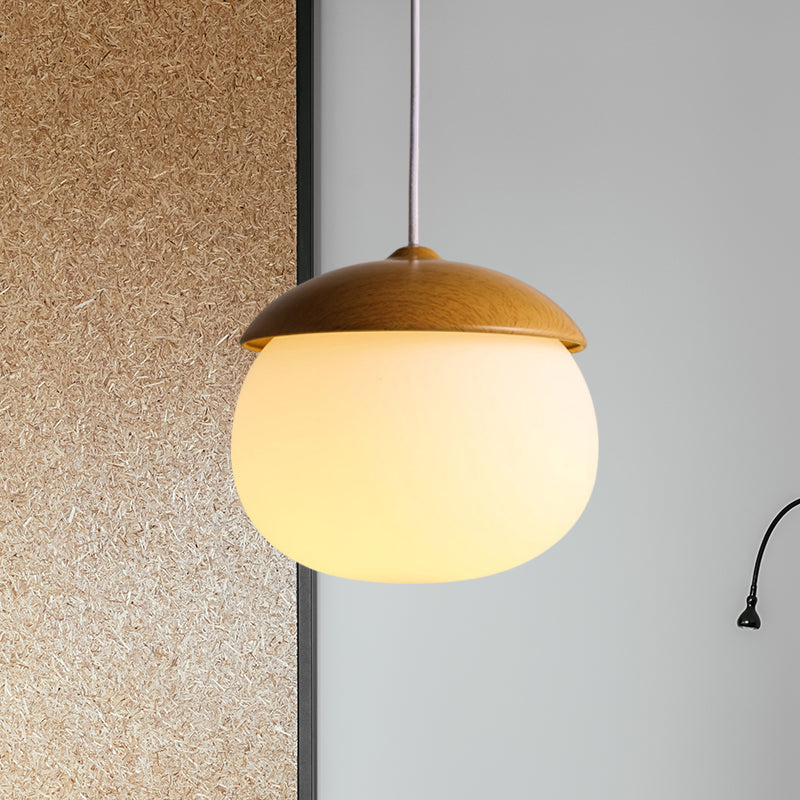 1 White Light-Colored Nut-Shaped Hanging Japanese Glass and Wood Heating Hanger for the Store