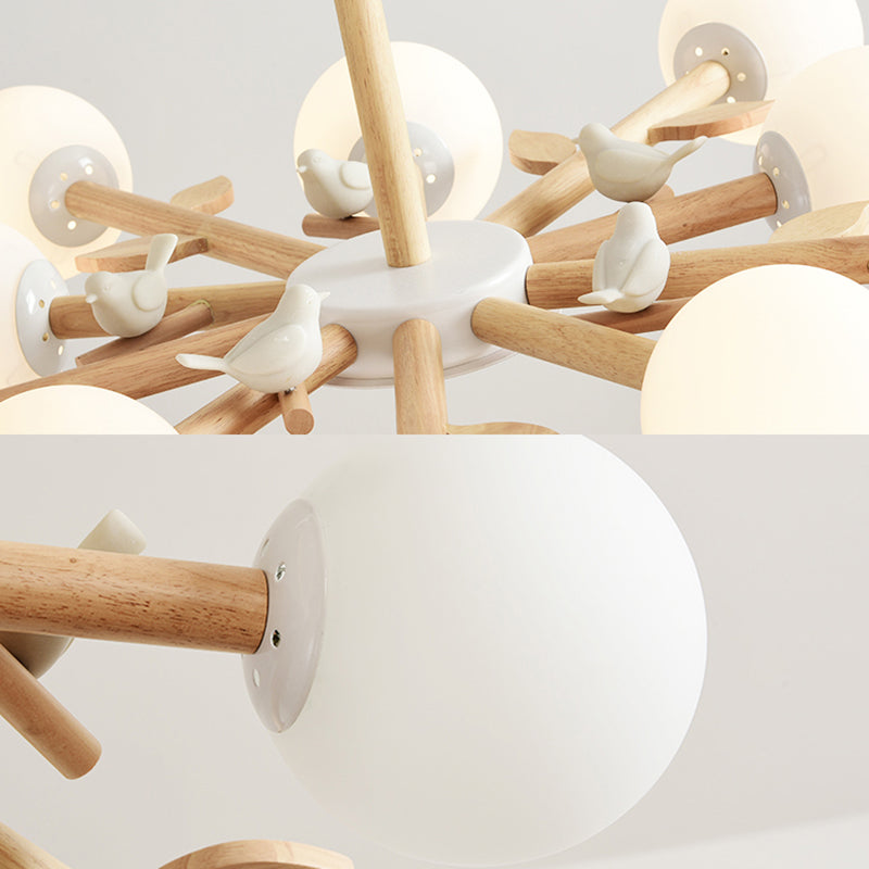 Taavita Wood Glass Orb Shade Bedroom Chandelier in White - Japanese Style Hanging Light