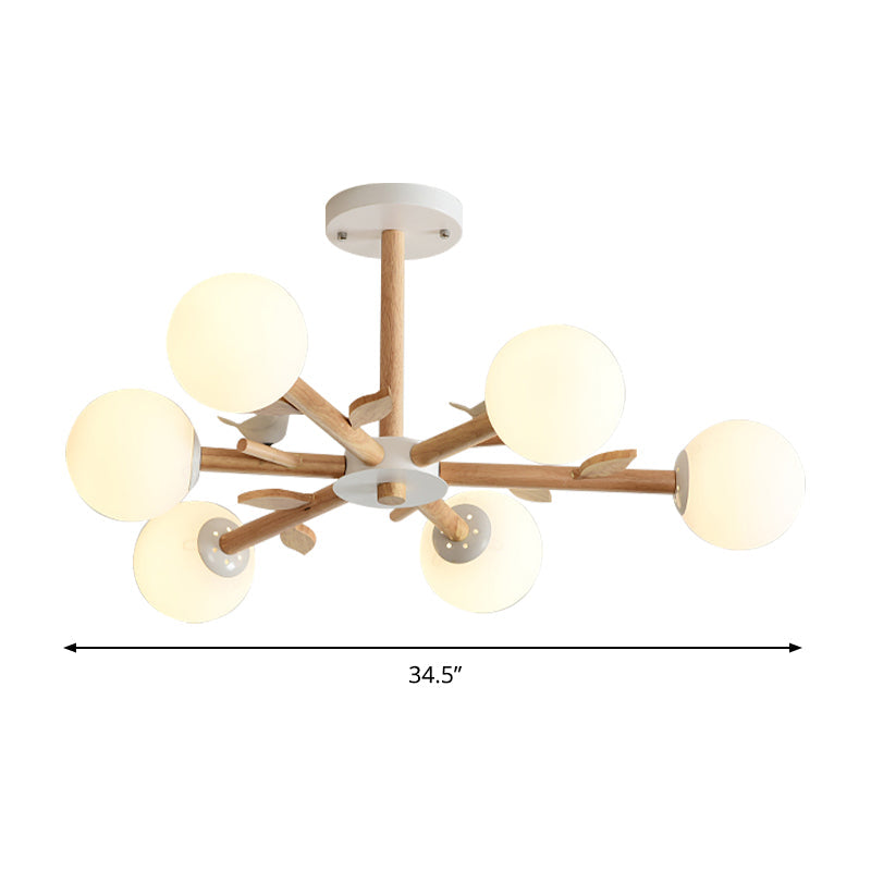 Taavita Wood Glass Orb Shade Bedroom Chandelier in White - Japanese Style Hanging Light
