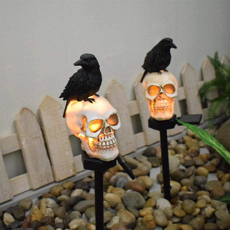 Solar-Powered Halloween Garden Skull and Crow Lights Outdoor Decor