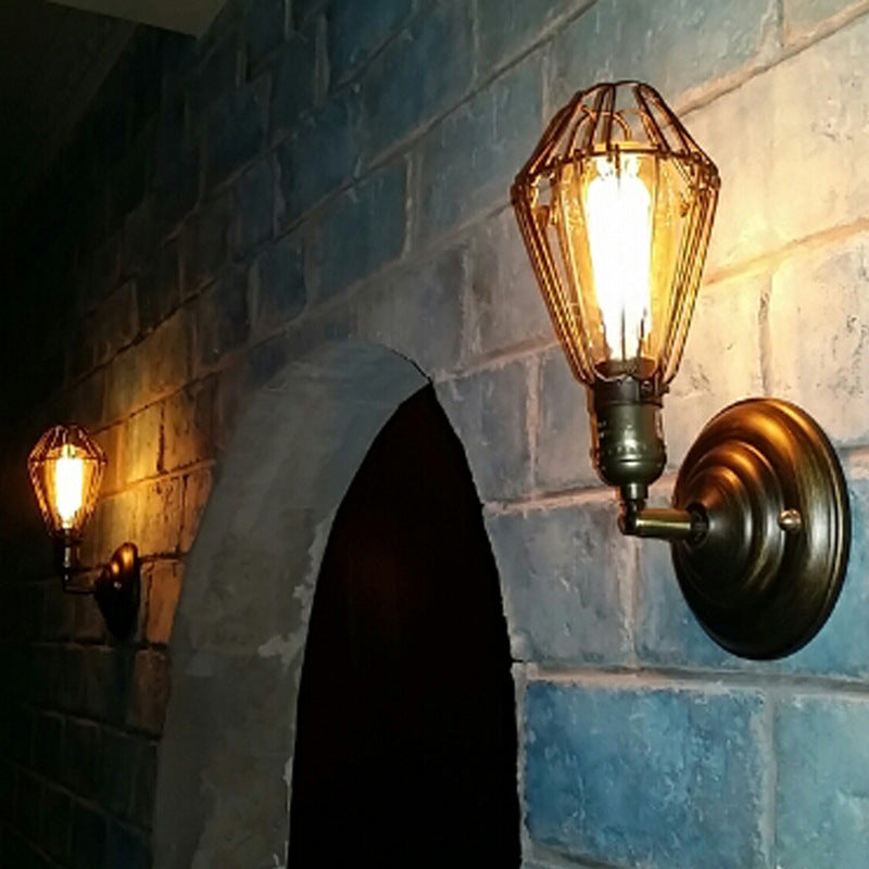1 Easy Mini Cage Wall Lamp Rustic Stylish, Weathered Brass Iron Wall Light for Dining Room - Antique Brass, Industrial Style, Metal, 220V-240V 110V-120V, E26/E27 Bulb, Interiors