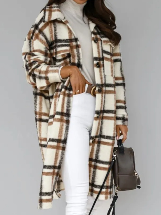 Longline Wool Coat | Front Button Closure & Oversized Fit | Cotton & Polyester | Mid-Thigh Length for Warmth