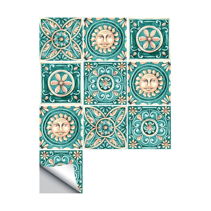 Taavita Grün Tribal Pattern Wallpaper Panel Art Embossed Sun and Flower Tile Wall Decoration, Removable, Bohemian Style