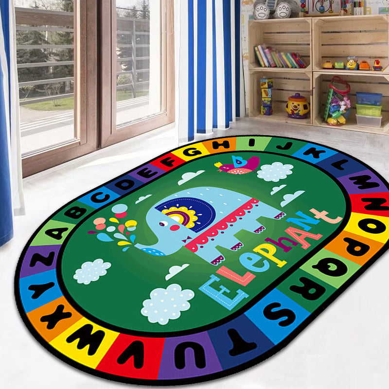 Stylish Letters and Animal Rug Multi Colored Cartoon Carpet Synthetics Anti-Slip Educational Rug Green Clearhalo 'Area Rug' 'Rug' 1927565