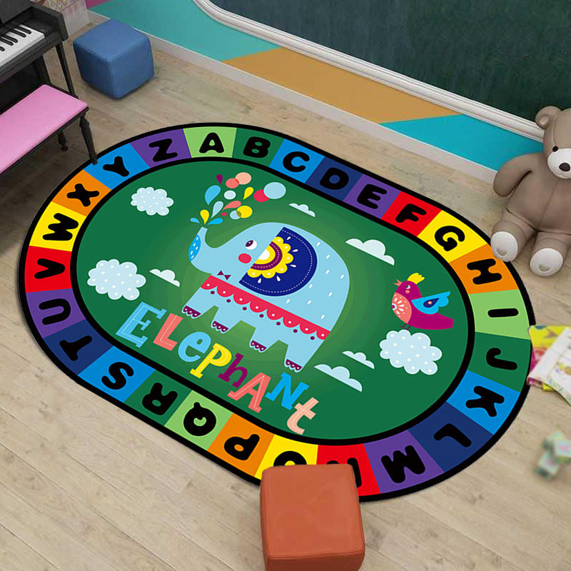 Multi-Colored Cartoon Carpet with Stylish Letters and Animal Design, Educational Synthetic Anti-Slip Rug for Kids' Room