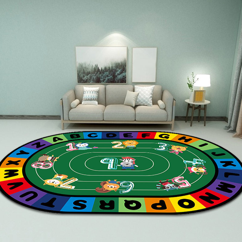 Multi-Colored Cartoon Carpet with Stylish Letters and Animal Design, Educational Synthetic Anti-Slip Rug for Kids' Room