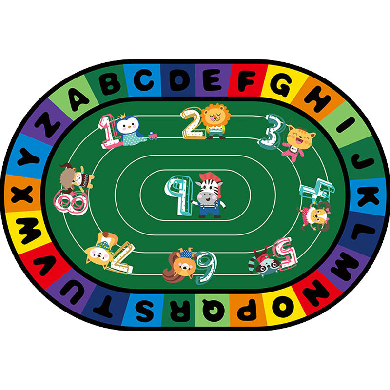 Multi-Colored Cartoon Carpet with Stylish Letters and Animal Design, Educational Synthetic Anti-Slip Rug for Kids' Room