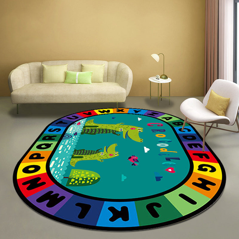 Stylish Letters and Animal Rug Multi Colored Cartoon Carpet Synthetics Anti-Slip Educational Rug Blue Clearhalo 'Area Rug' 'Rug' 1927557