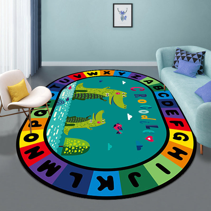 Multi-Colored Cartoon Carpet with Stylish Letters and Animal Design, Educational Synthetic Anti-Slip Rug for Kids' Room