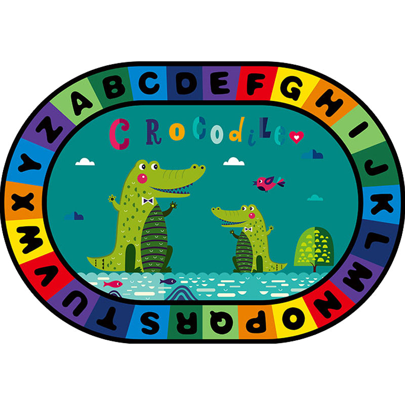 Multi-Colored Cartoon Carpet with Stylish Letters and Animal Design, Educational Synthetic Anti-Slip Rug for Kids' Room