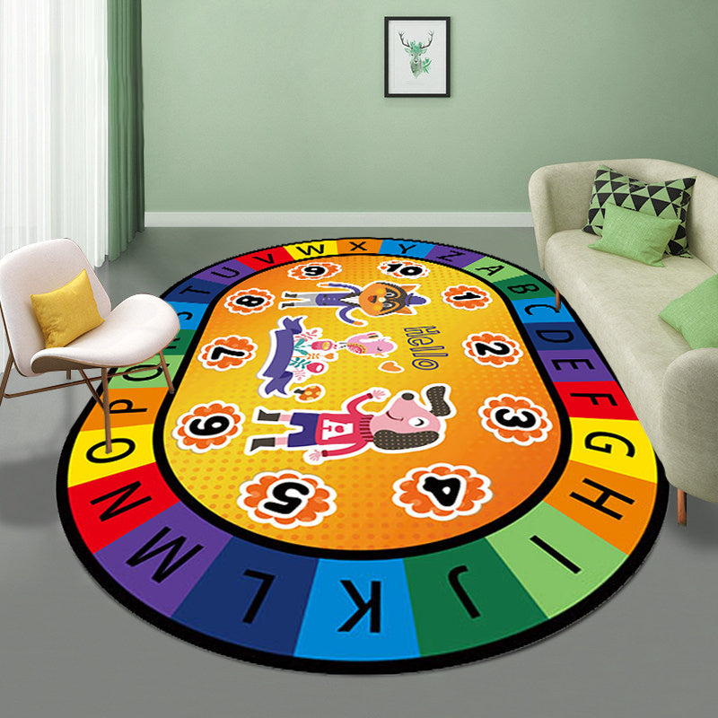 Multi-Colored Cartoon Carpet with Stylish Letters and Animal Design, Educational Synthetic Anti-Slip Rug for Kids' Room
