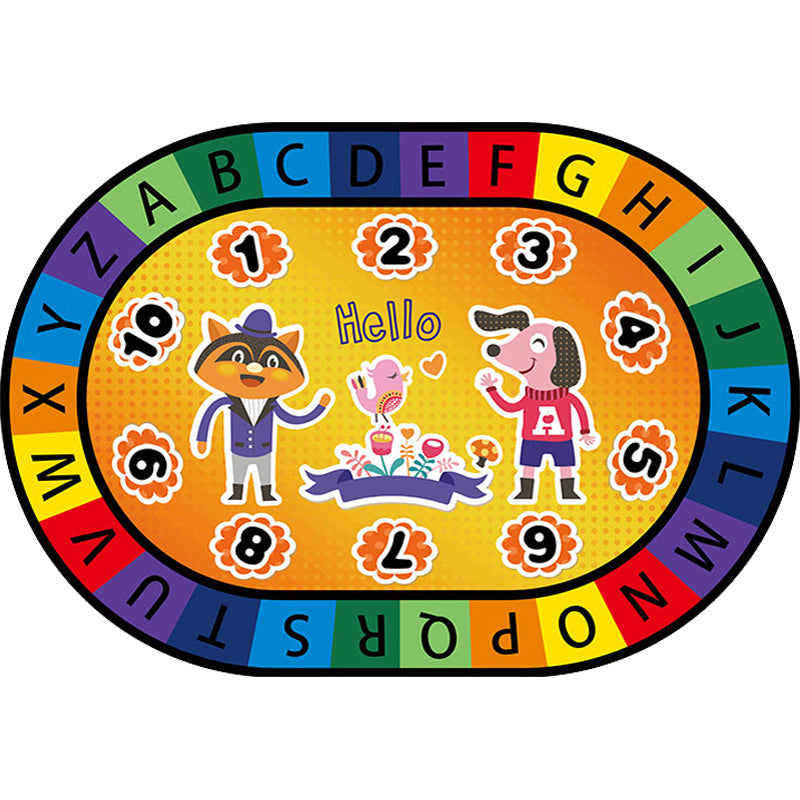 Multi-Colored Cartoon Carpet with Stylish Letters and Animal Design, Educational Synthetic Anti-Slip Rug for Kids' Room