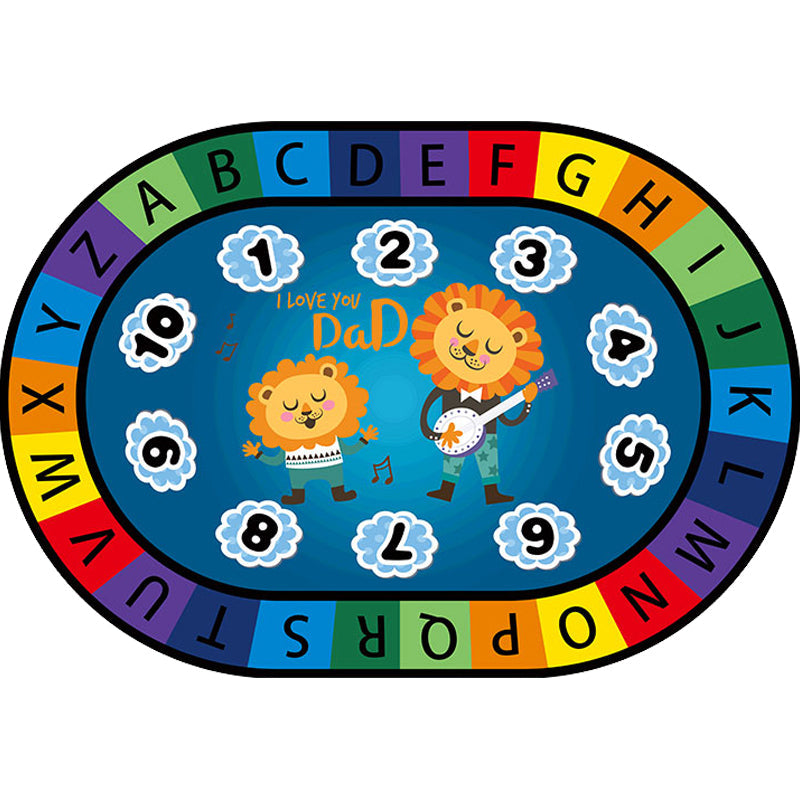 Multi-Colored Cartoon Carpet with Stylish Letters and Animal Design, Educational Synthetic Anti-Slip Rug for Kids' Room