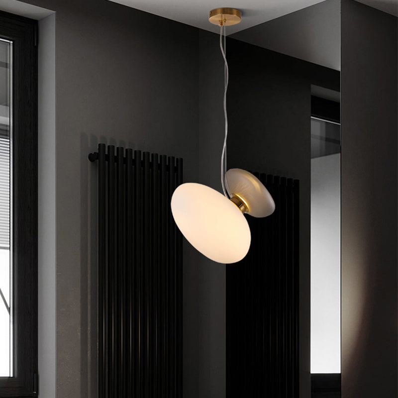 2 Bulbs Dining Room Pendant Light Post-Modern Brass Suspension Lighting with Pebble Light-Blue/Cream Glass Shade Light Blue A Clearhalo 'Ceiling Lights' 'Glass shade' 'Glass' 'Modern Pendants' 'Modern' 'Pendant Lights' 'Pendants' Lighting' 1937513