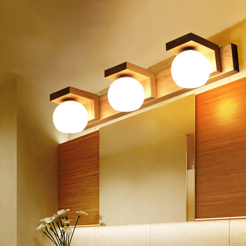 Linear Bathroom Vanity Sconce Wood 2/3 Heads Nordic Wall Mount Lamp with Ball Opal Glass Shade 2.0 Wood Clearhalo 'Modern wall lights' 'Modern' 'Vanity Lights' 'Wall Lights' Lighting' 1949207