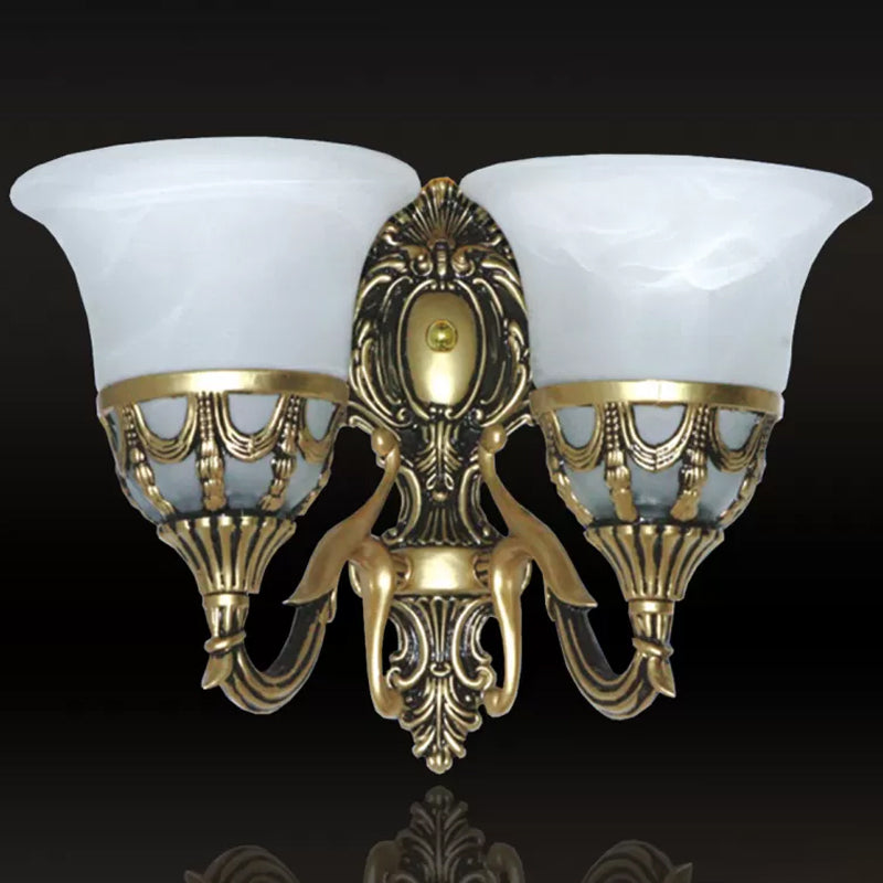 2-Light Traditional Corridor Wall Sconce with Bell Alabaster Glass Shade in Bronze Fixture