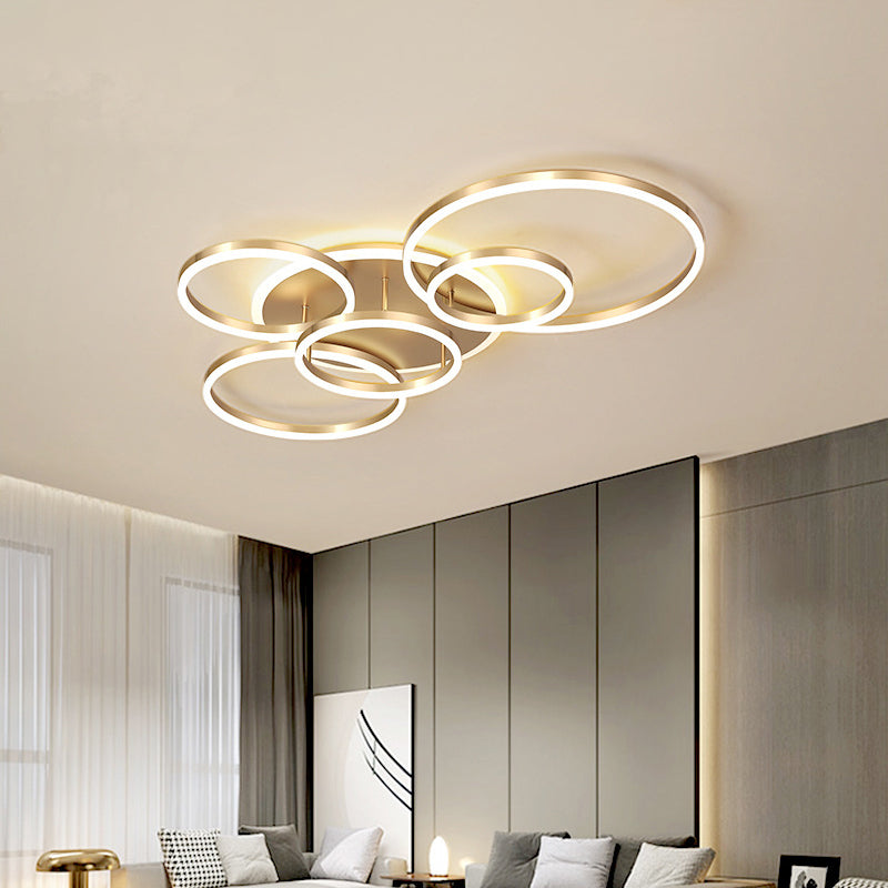 Interlocking Ring 3/5 Tiered Flushmount Metal Modern LED Semi Flush Mount Ceiling Lamp in Gold, Warm/White Light Gold 3 Tiers Clearhalo 'Ceiling Lights' 'Close To Ceiling Lights' 'Close to ceiling' 'Semi-flushmount' Lighting' 1968751