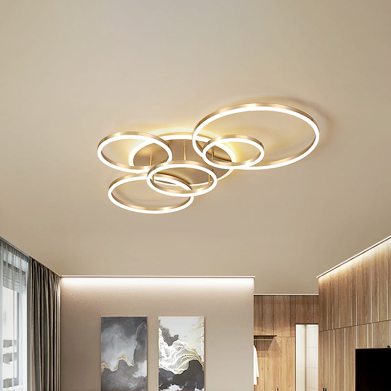 Interlocking Ring Modern 3/5 Tiered Flushmount Metal LED Semi Flush Mount Ceiling Lamp in Gold, Warm/White Light