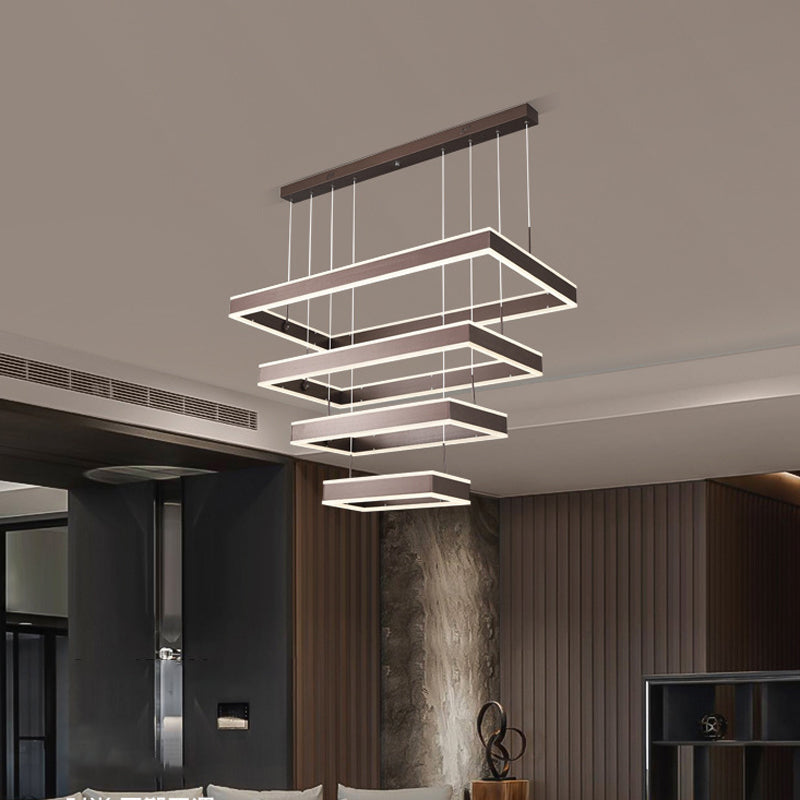 Simplicity LED Hanging Ceiling Light Coffee 2/3/4 Tiered Rectangle Chandelier with Acrylic Shade Clearhalo 'Ceiling Lights' 'Chandeliers' 'Modern Chandeliers' 'Modern' Lighting' 1969493