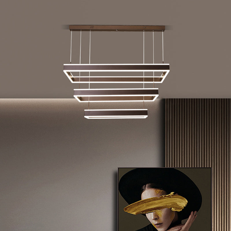 Simplicity LED Hanging Ceiling Light Coffee 2/3/4 Tiered Rectangle Chandelier with Acrylic Shade Clearhalo 'Ceiling Lights' 'Chandeliers' 'Modern Chandeliers' 'Modern' Lighting' 1969498