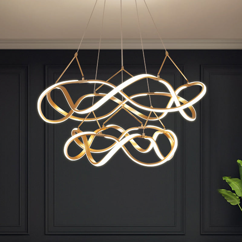 Chrome/Gold Twined 1/2-Tier Chandelier Minimalist Metal LED Hanging Pendant Light for Dining Room, 31"/43" Wide Gold 1 Tier 43" Clearhalo 'Ceiling Lights' 'Chandeliers' 'Modern Chandeliers' 'Modern' Lighting' 1970866