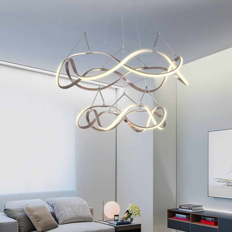 Chrome/Gold Twined 1/2-Tier Chandelier Minimalist Metal LED Hanging Pendant Light for Dining Room, 31"/43" Wide Chrome 1 Tier 43" Clearhalo 'Ceiling Lights' 'Chandeliers' 'Modern Chandeliers' 'Modern' Lighting' 1970872