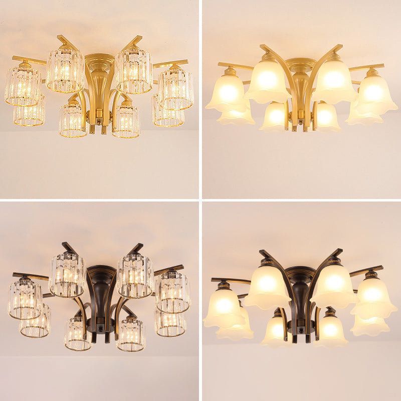 3/6 Heads Cylinder/Flower Ceiling Light Rural Black/Gold White Glass/Clear Crystal Semi Flush Chandelier for Dining Room 6 Gold White Clearhalo 'Ceiling Lights' 'Close To Ceiling Lights' 'Close to ceiling' 'Semi-flushmount' Lighting' 1972070