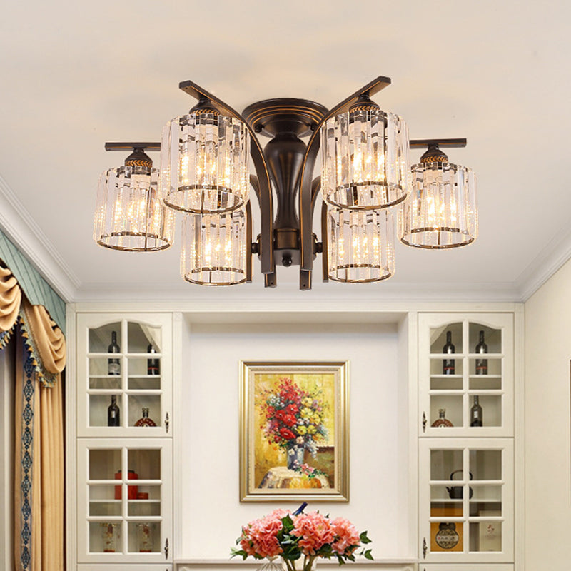 Taavita 3/6 Heads Cylinder/Flower Ceiling Light Semi Flush Chandelier for Dining Room Rural Black/Gold White Glass/Clear Crystal