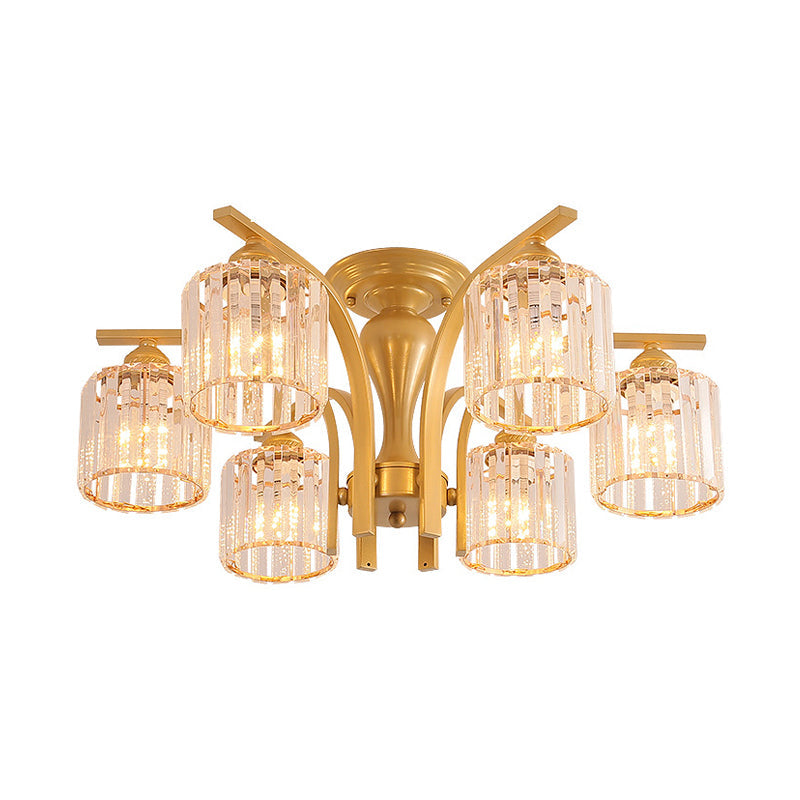 3/6 Heads Cylinder/Flower Ceiling Light Rural Black/Gold White Glass/Clear Crystal Semi Flush Chandelier for Dining Room 6 Black Clear Clearhalo 'Ceiling Lights' 'Close To Ceiling Lights' 'Close to ceiling' 'Semi-flushmount' Lighting' 1972060