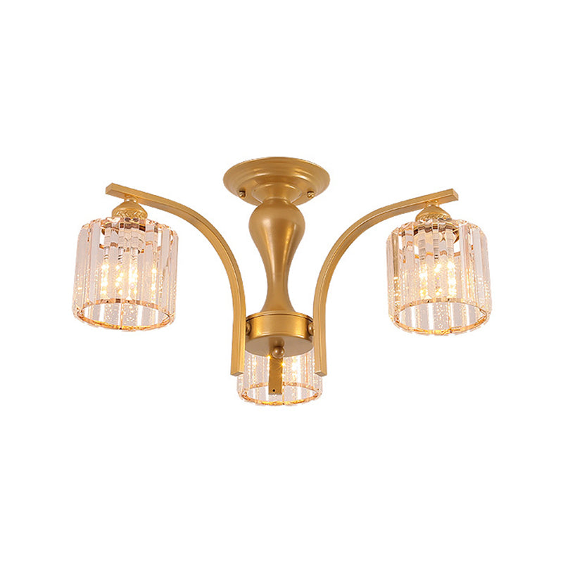 3/6 Heads Cylinder/Flower Ceiling Light Rural Black/Gold White Glass/Clear Crystal Semi Flush Chandelier for Dining Room 3 Gold White Clearhalo 'Ceiling Lights' 'Close To Ceiling Lights' 'Close to ceiling' 'Semi-flushmount' Lighting' 1972073