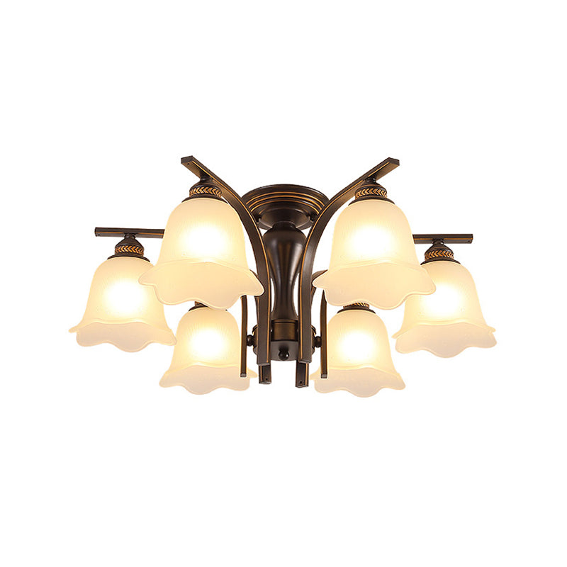 3/6 Heads Cylinder/Flower Ceiling Light Rural Black/Gold White Glass/Clear Crystal Semi Flush Chandelier for Dining Room 3 Gold Clear Clearhalo 'Ceiling Lights' 'Close To Ceiling Lights' 'Close to ceiling' 'Semi-flushmount' Lighting' 1972067