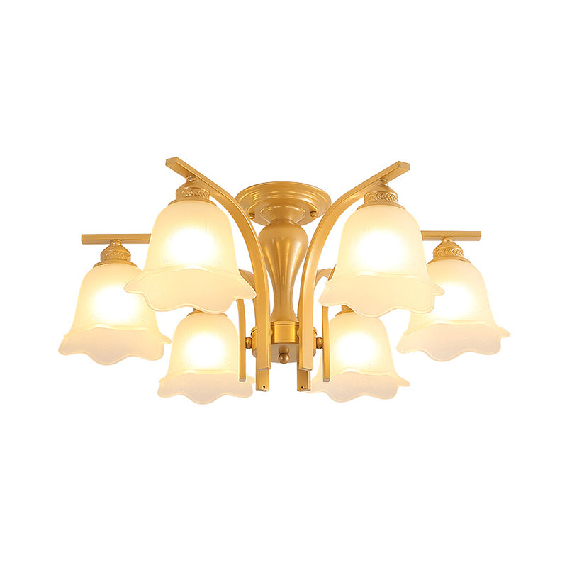 3/6 Heads Cylinder/Flower Ceiling Light Rural Black/Gold White Glass/Clear Crystal Semi Flush Chandelier for Dining Room 6 Black White Clearhalo 'Ceiling Lights' 'Close To Ceiling Lights' 'Close to ceiling' 'Semi-flushmount' Lighting' 1972068