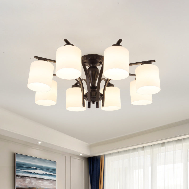 White Glass Cylinder Semi Mount Lighting Vintage 3/5/8-Light Living Room Flush Ceiling Light in Black 3 White Clearhalo 'Ceiling Lights' 'Close To Ceiling Lights' 'Close to ceiling' 'Semi-flushmount' Lighting' 1972231
