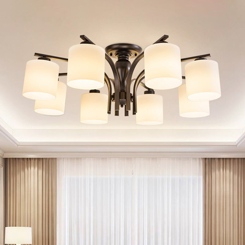 Vintage White Glass Cylinder Semi Mount Lighting 3/5/8-Light Flush Ceiling Light for Living Room in Black