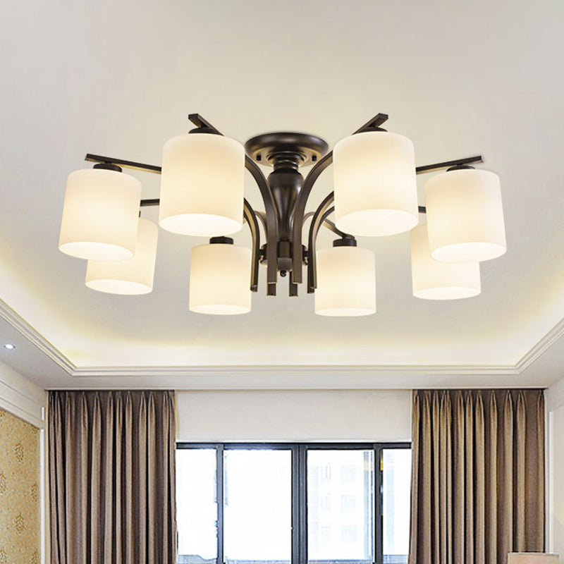 Vintage White Glass Cylinder Semi Mount Lighting 3/5/8-Light Flush Ceiling Light for Living Room in Black