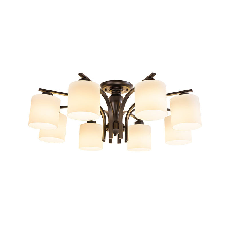 Vintage White Glass Cylinder Semi Mount Lighting 3/5/8-Light Flush Ceiling Light for Living Room in Black