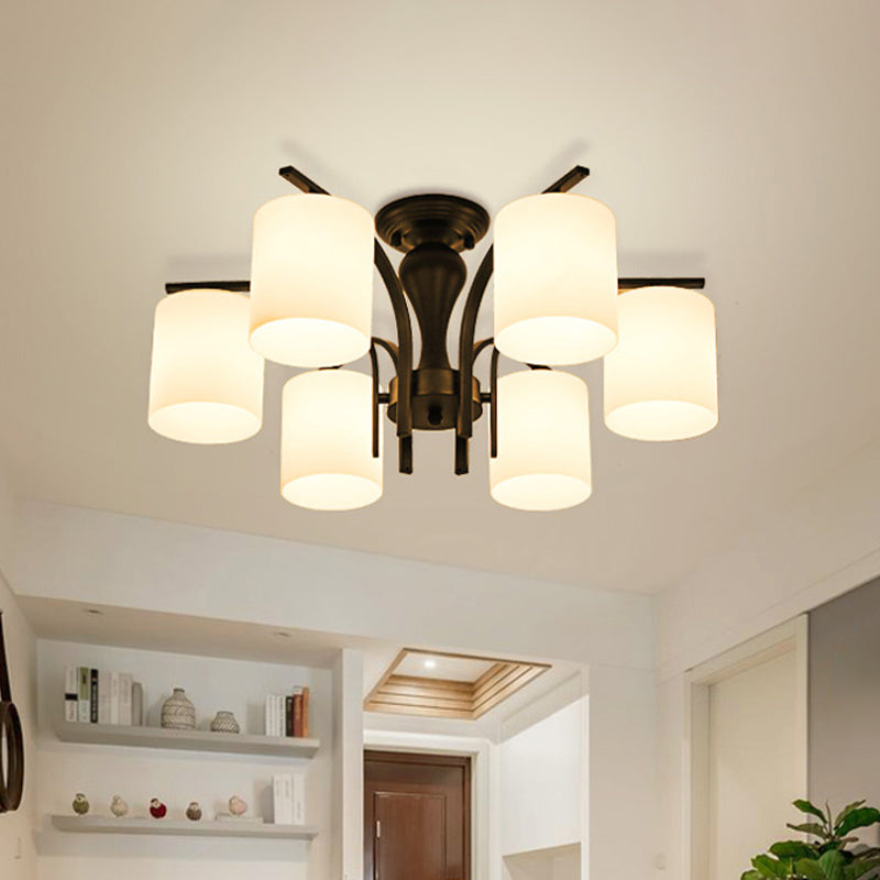 White Glass Cylinder Semi Mount Lighting Vintage 3/5/8-Light Living Room Flush Ceiling Light in Black Clearhalo 'Ceiling Lights' 'Close To Ceiling Lights' 'Close to ceiling' 'Semi-flushmount' Lighting' 1972222