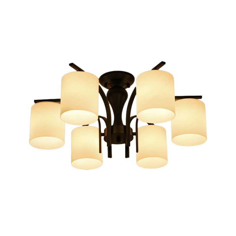 Vintage White Glass Cylinder Semi Mount Lighting 3/5/8-Light Flush Ceiling Light for Living Room in Black