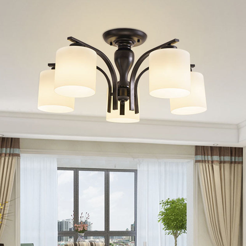 White Glass Cylinder Semi Mount Lighting Vintage 3/5/8-Light Living Room Flush Ceiling Light in Black Clearhalo 'Ceiling Lights' 'Close To Ceiling Lights' 'Close to ceiling' 'Semi-flushmount' Lighting' 1972225